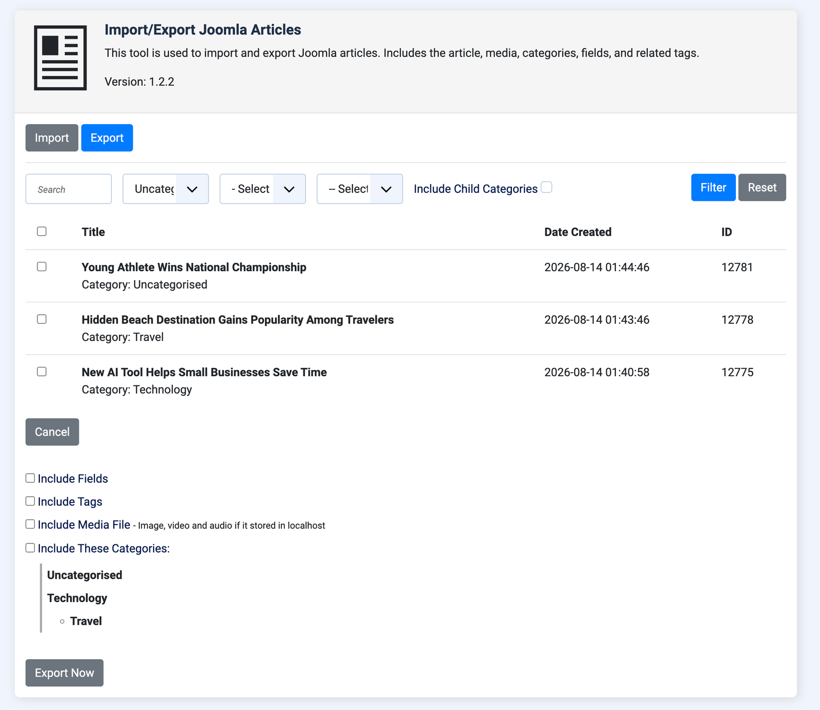 article exporting config