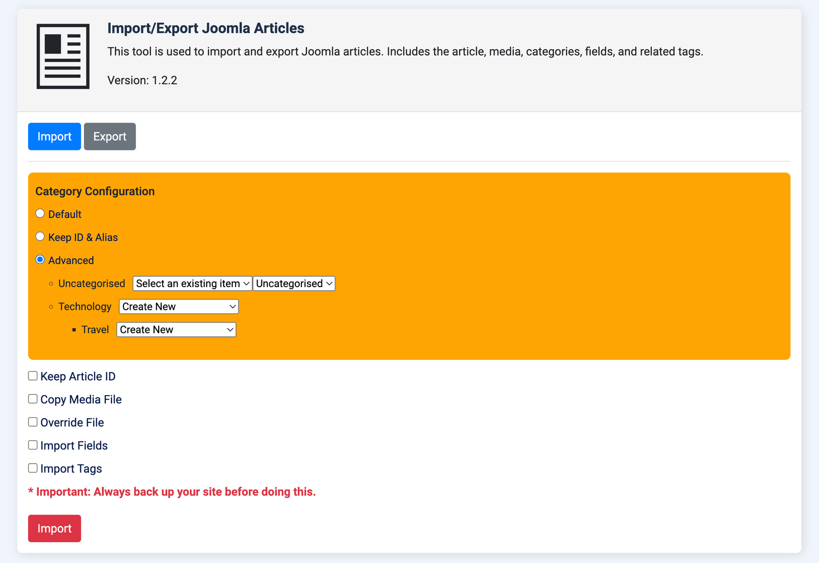 article importing configuration